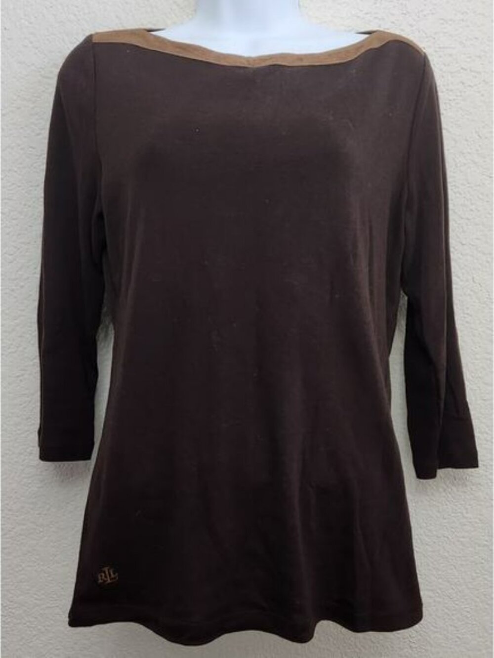 Lauren Ralph Lauren Brown Boat Collar Contrasting Trim Top Medium Lightweight